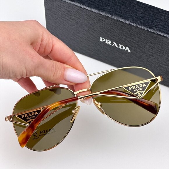 Prada PR73ZS 5AK01T BRAND NEW Sunglasses Shiny Gold Dark Brown Pilot Unisex - Picture 4 of 13